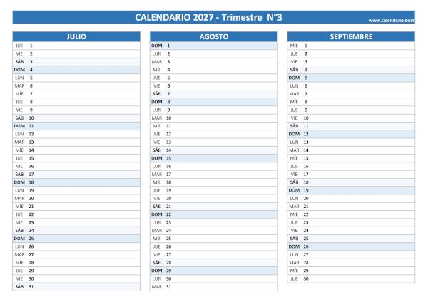 Calendario horizontal del tercer trimestre de 2027 en blanco y azul para imprimir