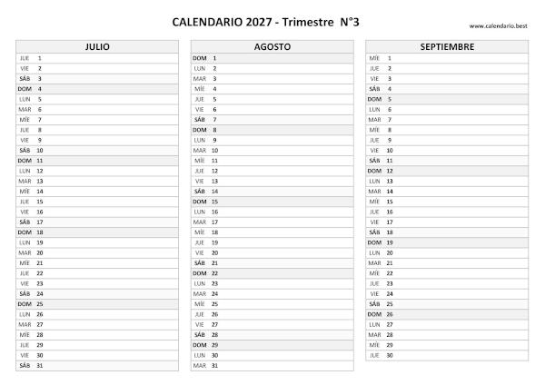 Calendario del tercer trimestre de 2027 en blanco y negro, horizontal, para imprimir