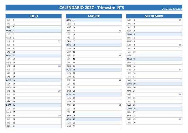 Calendario de julio, agosto y septiembre de 2027 con números de semana para imprimir en A4 horizontal, azul